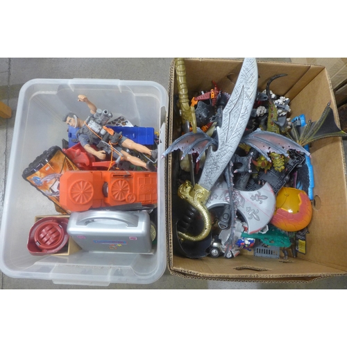 777 - Two boxes of action figures and toys including Mega Blox creatures and Action Man