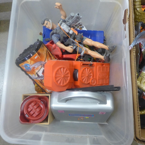 777 - Two boxes of action figures and toys including Mega Blox creatures and Action Man
