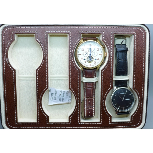 847 - Four wristwatches in an eight watch storage case