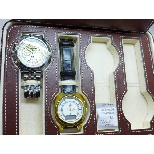 847 - Four wristwatches in an eight watch storage case