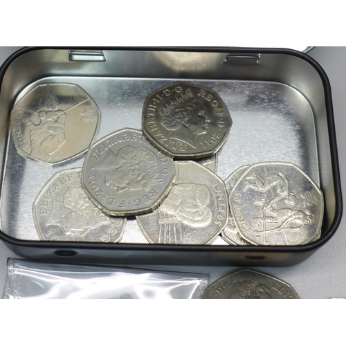 859 - Assorted collectable 50p coins including London Olympics and a collection of crowns including Church... 