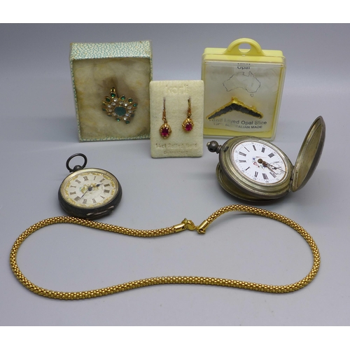 872 - An 800 silver pocket watch, a/f, a 935 silver fob watch, an opal set boomerang brooch, etc.