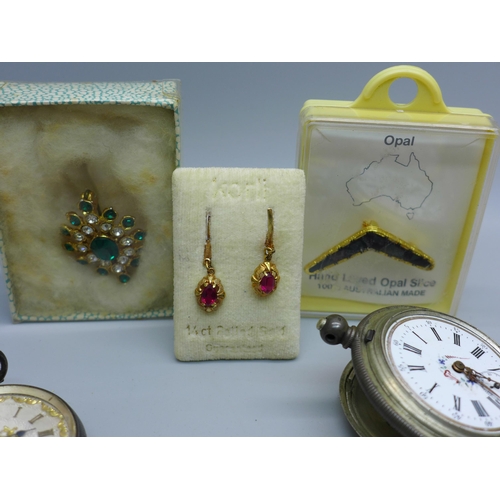 872 - An 800 silver pocket watch, a/f, a 935 silver fob watch, an opal set boomerang brooch, etc.