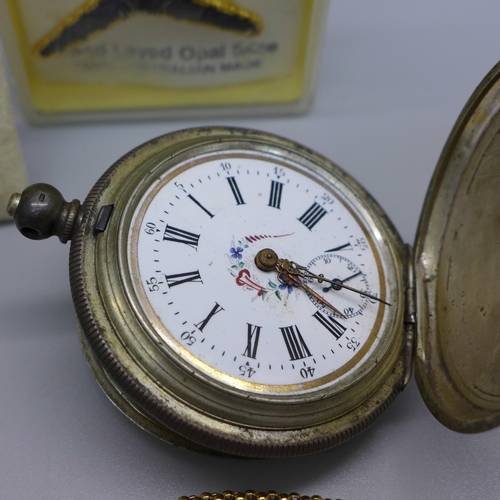 872 - An 800 silver pocket watch, a/f, a 935 silver fob watch, an opal set boomerang brooch, etc.