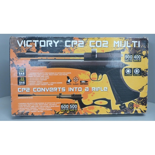884 - A Victory CP2 CO² Multi target shooting pistol/rifle, boxed, (needs new seal)