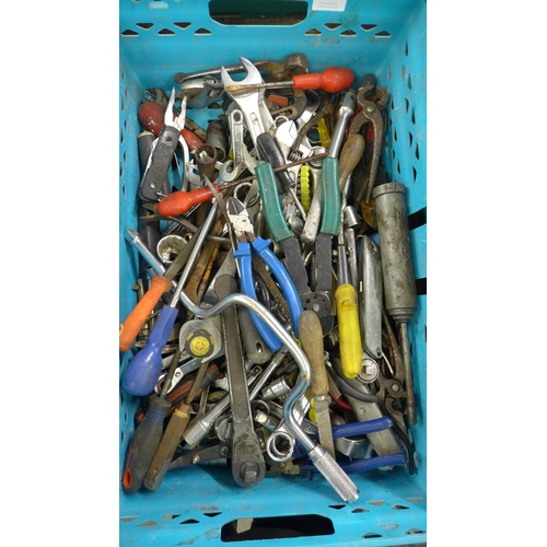 2036 - Two boxes of assorted hand tools; hammers, screwdrivers, spanners, sockets, etc.