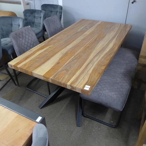 1438 - A Hoxton 175cm dining table with two grey velvet chairs and a bench * this lot is subject to VAT