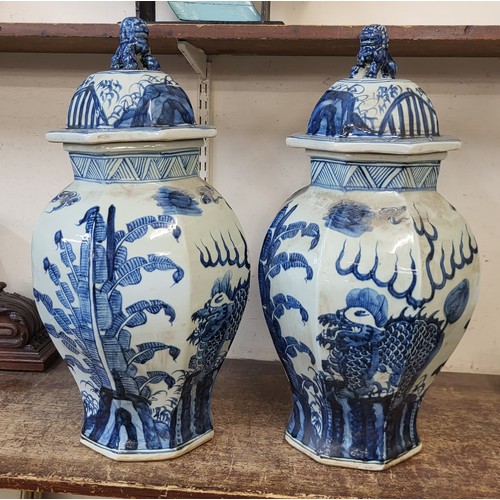 323A - A pair of Chinese blue and white porcelain jars and covers, 67cms h