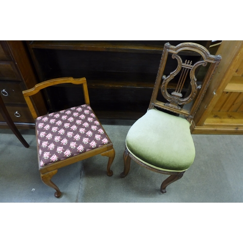 131 - A 19th Century French carved walnut lyre back harpists chair and an Art Deco walnut stool