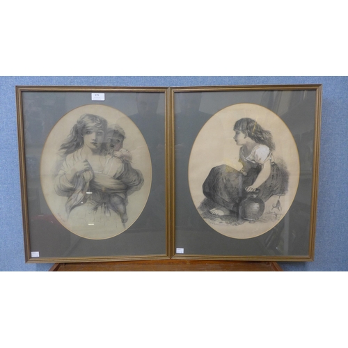 275 - M. Simey, two oval pencil sketches of mother and child and a young girl, one dated 1878, framed