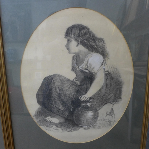 275 - M. Simey, two oval pencil sketches of mother and child and a young girl, one dated 1878, framed