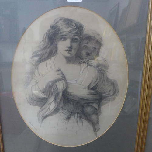 275 - M. Simey, two oval pencil sketches of mother and child and a young girl, one dated 1878, framed