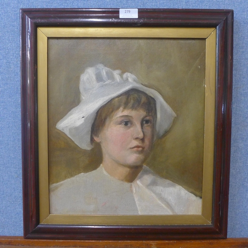 279 - Continental School, portrait of a young lady, oil on canvas, framed