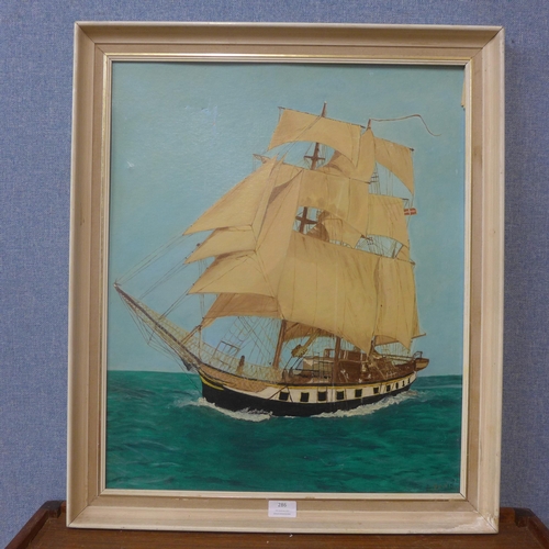 286 - L. Davis, Darwin's Sailing Ship, The Beagle, oil on board, framed