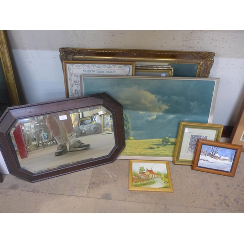 288 - Assorted prints, paintings and an oak framed mirror