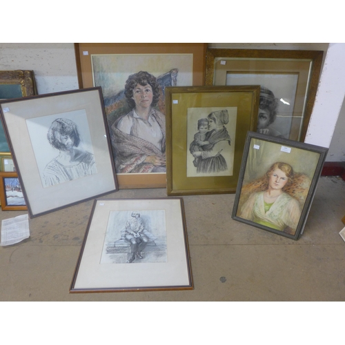 289 - Assorted portraits, including; pastels, watercolours and pencil studies