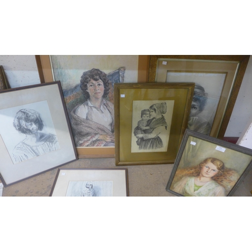 289 - Assorted portraits, including; pastels, watercolours and pencil studies