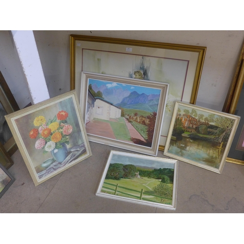 290 - L. Davis, two Nottingham landscapes, oil on board, another oil, a Gordon King print and a floral sti... 