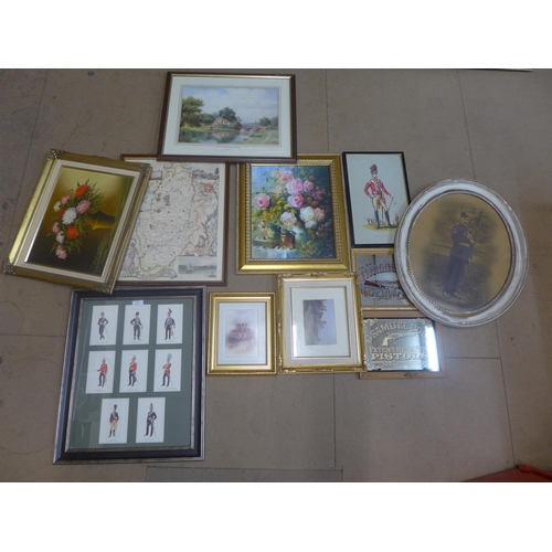 293 - Assorted prints, a map, a still life oil, advertising mirrors, etc.