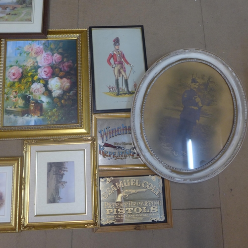 293 - Assorted prints, a map, a still life oil, advertising mirrors, etc.