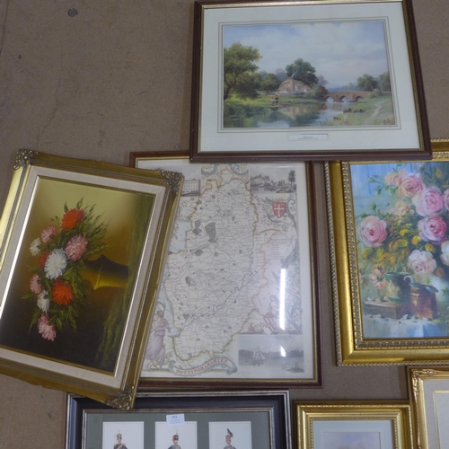 293 - Assorted prints, a map, a still life oil, advertising mirrors, etc.