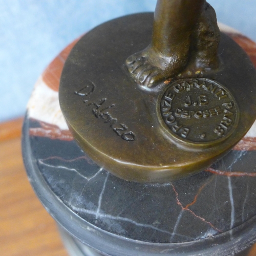 302 - An Art Deco style bronze figure of a dancing hoop girl, on rouge marble socle