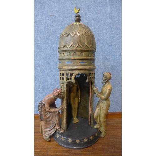 314 - A Franz Bergman style painted bronze temple with door revealing a nude lady