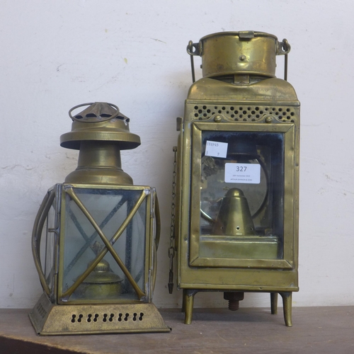 327 - Two vintage brass lanterns