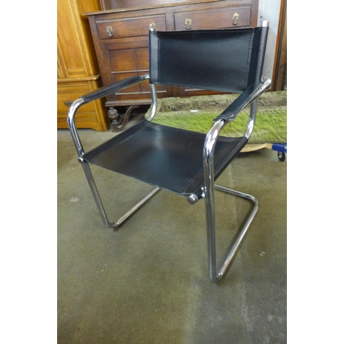 68A - An Italian chrome and glass topped dining table and six chrome and black vinyl cantilever chairs