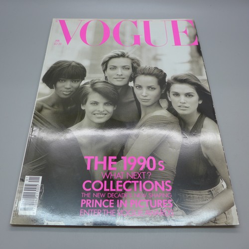747 - Vintage 1990 Vogue magazines, Jan-Dec including rare January issue with five supermodel front cover