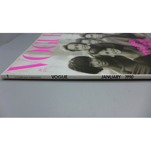 747 - Vintage 1990 Vogue magazines, Jan-Dec including rare January issue with five supermodel front cover