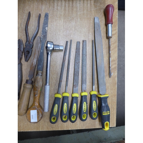 2005 - A box of hand tools inc. Bluespot files, pliers, screwdrivers, etc.