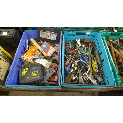 2036 - Two boxes of assorted hand tools; hammers, screwdrivers, spanners, sockets, etc.