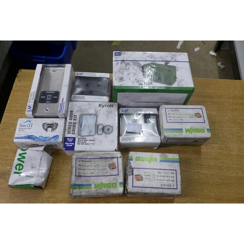 2096 - 3 Boxes of Wago cable connectors, sockets, outdoor junction box, a shaver socket and a door chime