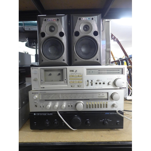 2128 - Stereo equipment including Hitachi stereo cassette tape deck, a Sony FM-AM programme receiver (STR 2... 