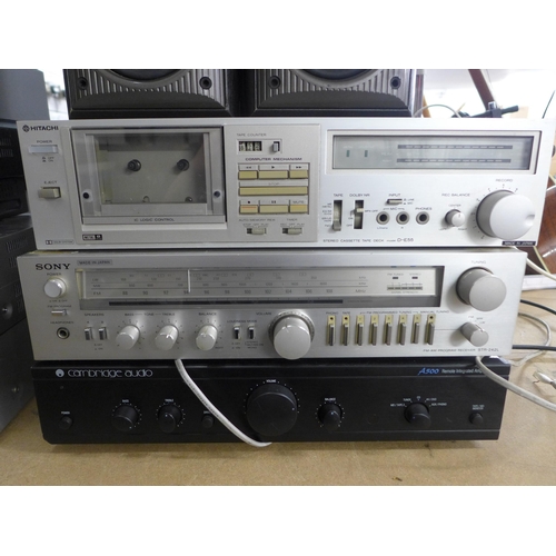 2128 - Stereo equipment including Hitachi stereo cassette tape deck, a Sony FM-AM programme receiver (STR 2... 