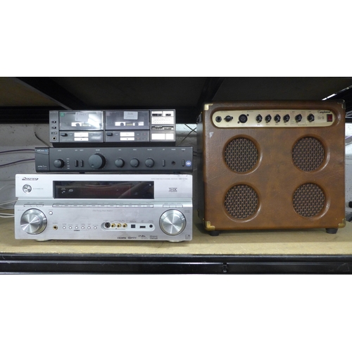 2131 - Stereo equipment including Tanglewood acoustic guitar amplifier, a Sony stereo cassette deck (TCV11W... 