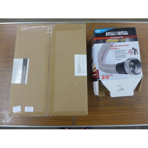 2267 - An Amazon multi-purpose waterproof poly tarp cover and a flex steel  25 ft hose, boxed