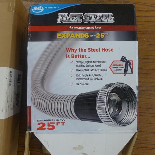 2267 - An Amazon multi-purpose waterproof poly tarp cover and a flex steel  25 ft hose, boxed