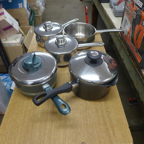 2389 - A Stellarware 18/10 stainless steel teapot, three Stellarware stainless steel saucepans and two Meye... 