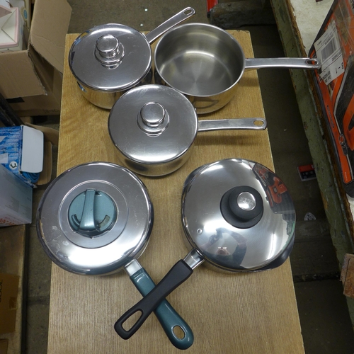 2389 - A Stellarware 18/10 stainless steel teapot, three Stellarware stainless steel saucepans and two Meye... 