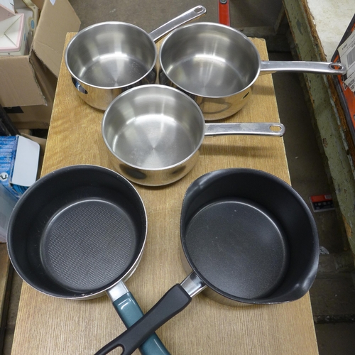 2389 - A Stellarware 18/10 stainless steel teapot, three Stellarware stainless steel saucepans and two Meye... 