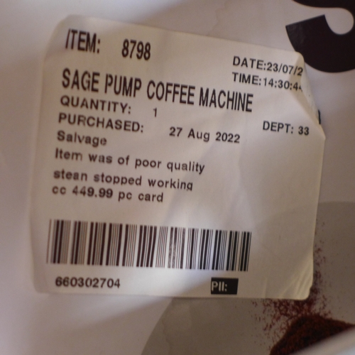 3010 - Sage Pump Coffee Machine, original RRP £449.99 + VAT (303-256) * This lot is subject to VAT