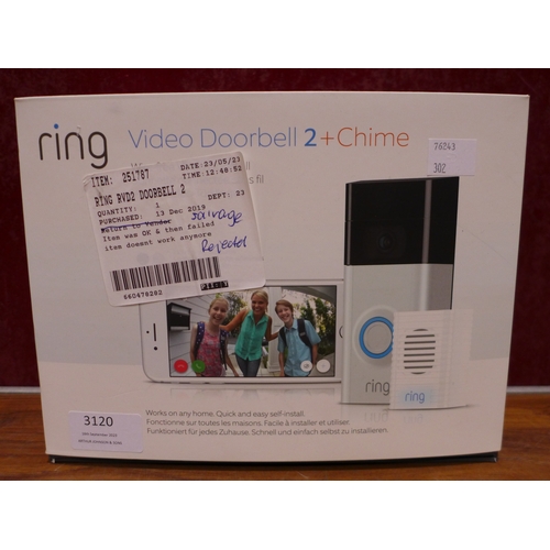 3120 - Ring Video Doorbell 2 With Chime, Original RRP £129.99 + vat       (302-7)  * This lot is subject to... 