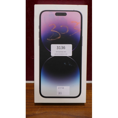 3136 - Apple IPhone 14 Pro Max Deep Purple Mobile Phone - 256GB - model no:- MQ9X3ZD/A, original RRP £1054.... 