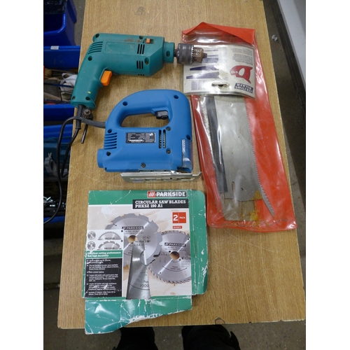 2060 - A 350w jigsaw, a Powerbase circular blade, an electric drill and saw blade spares