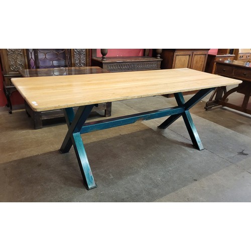 93 - A large French style ash and green metal x-frame refectory table, 76cms h, 213cms l, 81cms w