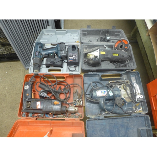 2005 - Four cased power tools, including Alpha Tools 18b cordless power drill (with battery and charger), a... 