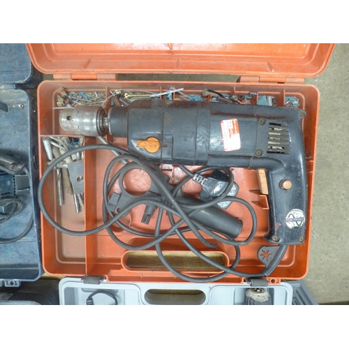 2005 - Four cased power tools, including Alpha Tools 18b cordless power drill (with battery and charger), a... 