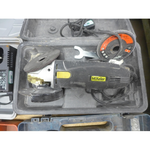 2005 - Four cased power tools, including Alpha Tools 18b cordless power drill (with battery and charger), a... 